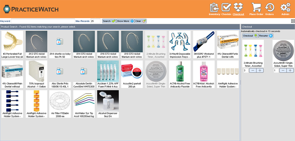 PracticeWatch Inventory touch checkout